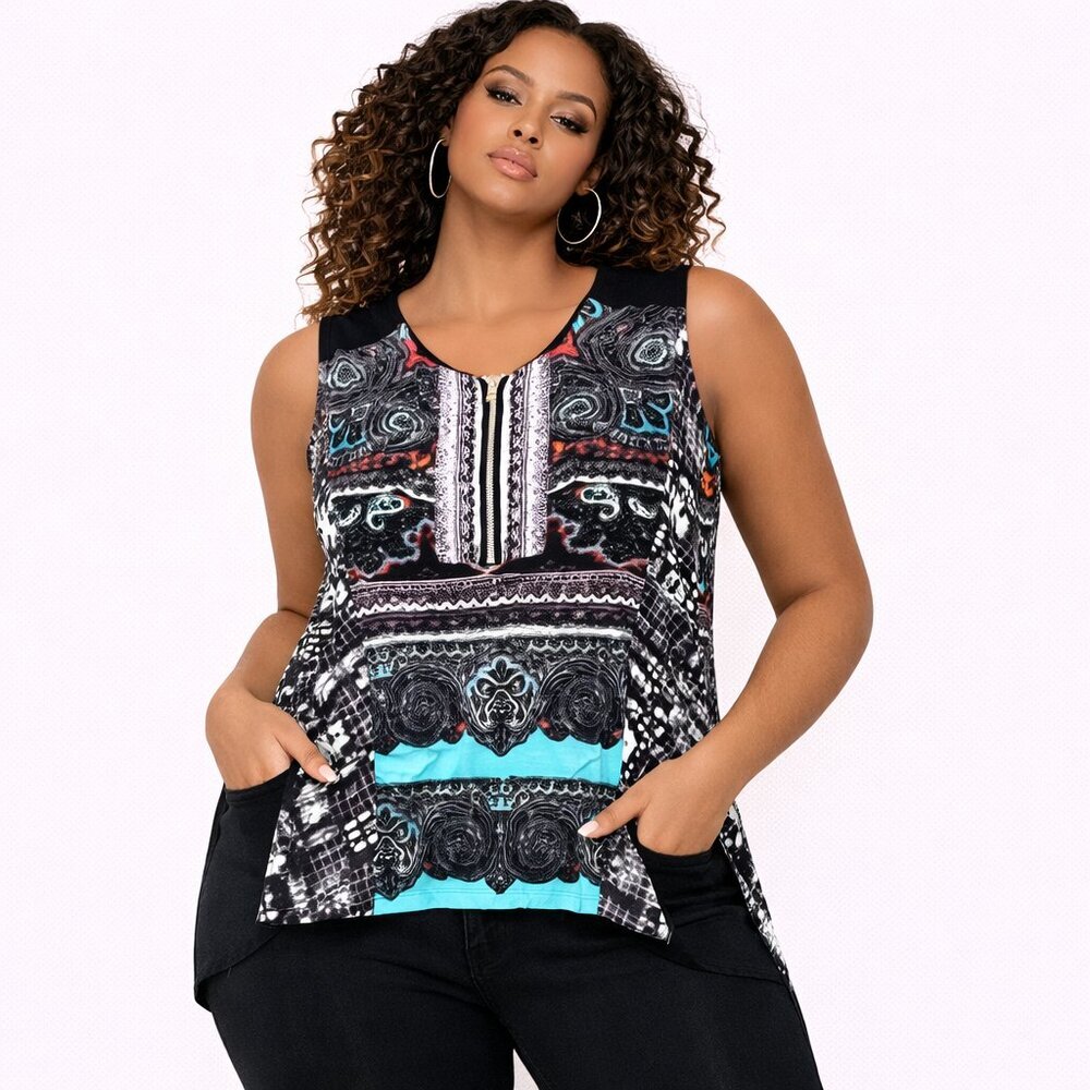 Katherine Barclay Sleeveless High Low Multicolor Zip Front Tank Top Size S
